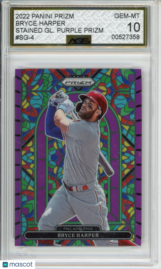 Baseball 2022 Panini Prizm Bryce Harper #SG-4 Purple Stained Glass AGS 10