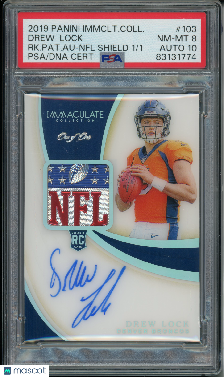 2019 Immaculate Collection Drew Lock Rookie Patch Auto NFL Shield 1/1 PSA 8 RPA RC