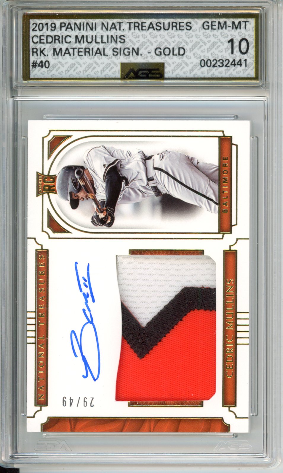 2019 Panini National Treasures CEDRIC MULLINS #40 MATERIAL SIGNATURES - GOLD English RC AGS 10