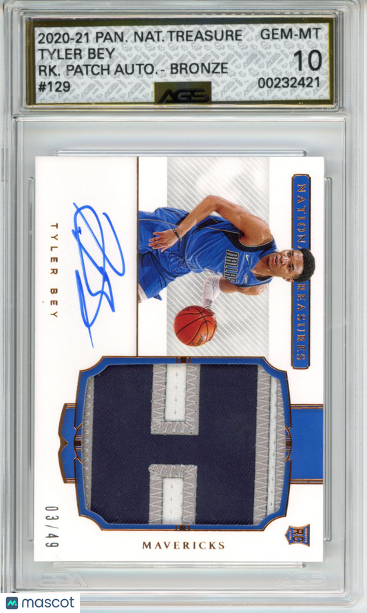 2020-21 Panini National Treasures Tyler Bey #129b Rookie Patch Auto AGS 10