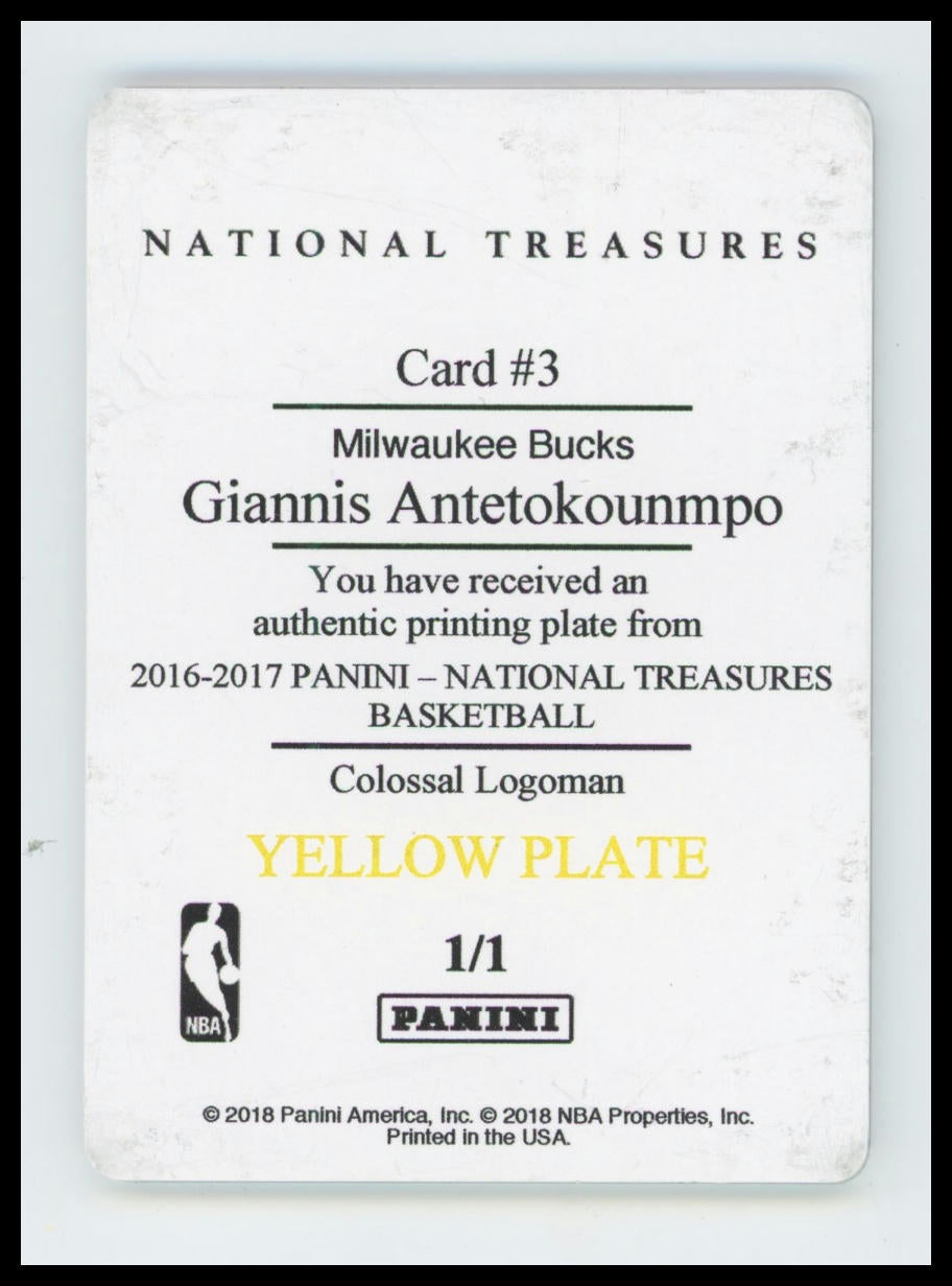 2018 National Treasures #3 Giannis Antetokounmpo Yellow Print Plate