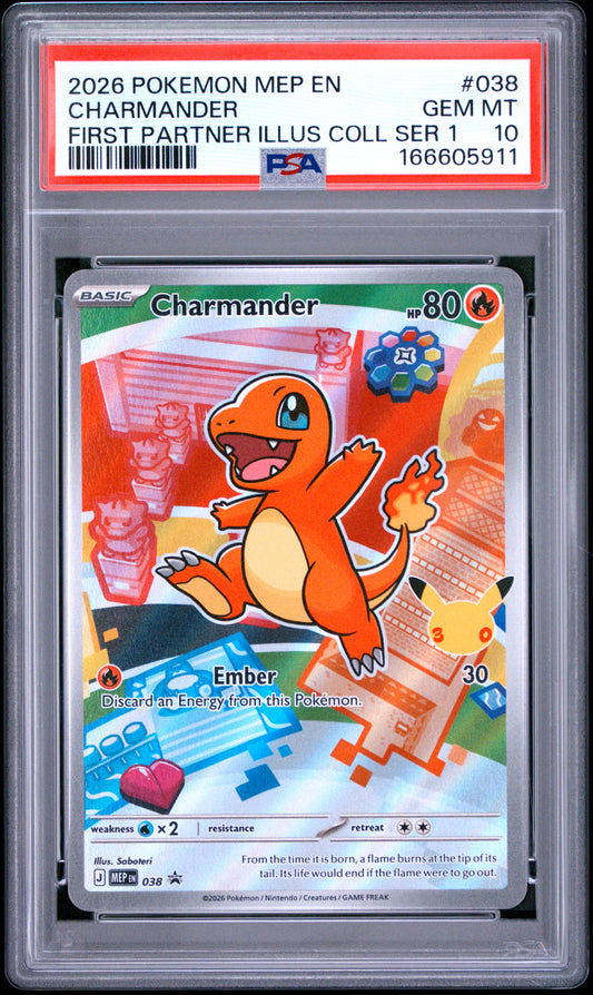 2026 Pokemon Mep EN-Me Black Star Promo Charmander First Partner Illustration Collection Series 1 038 PSA 10