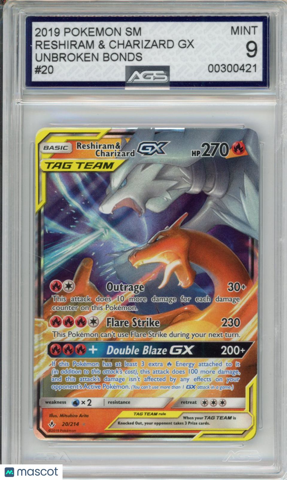 2019 Pokemon Unbroken Bonds Reshiram & Charizard GX #020 AGS 9