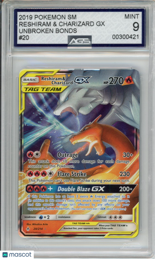 2019 Pokemon Unbroken Bonds Reshiram & Charizard GX #020 AGS 9