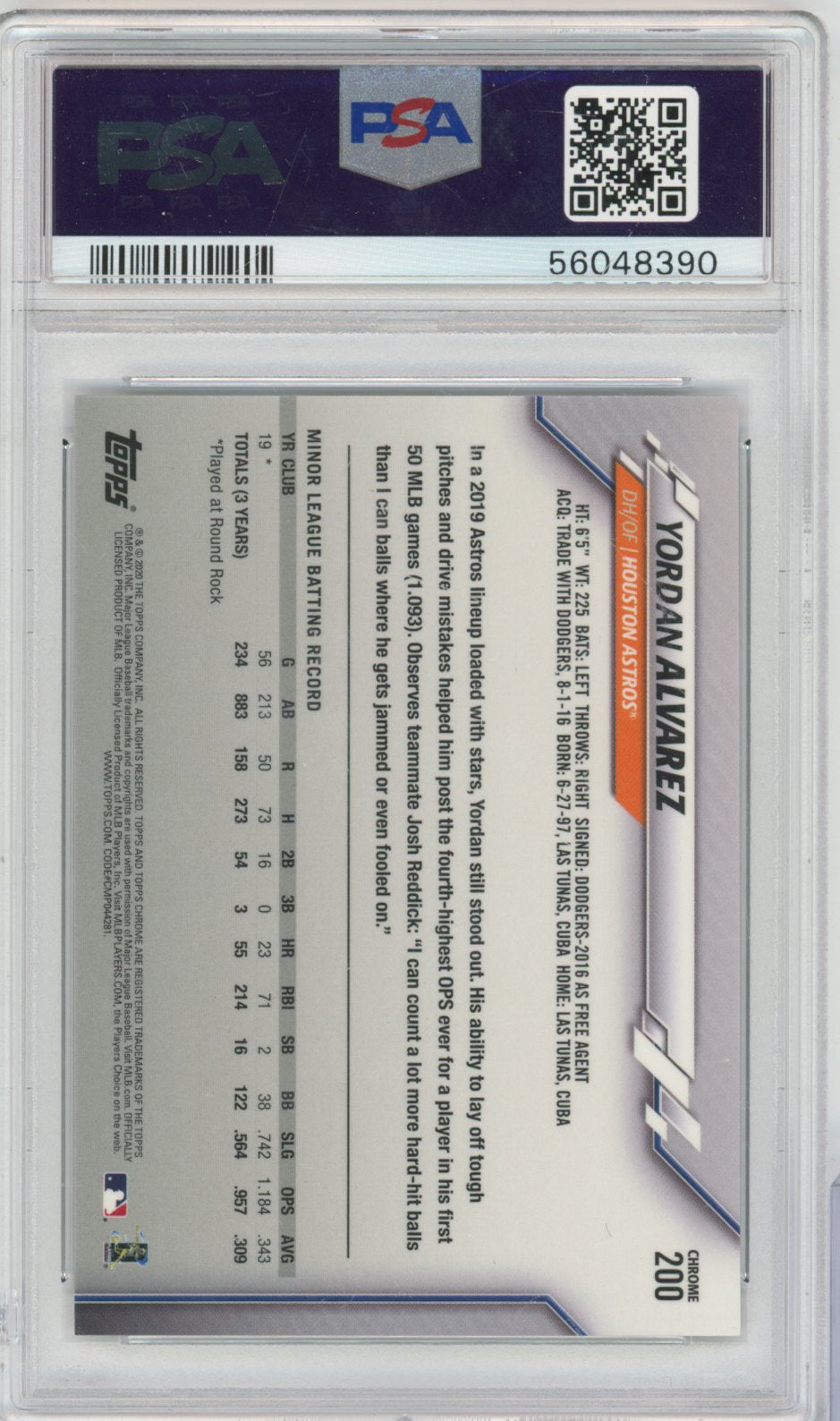 2020 Topps Topps Topps Topps Yordan Alvarez Topps Chrome Ben Baller Baseball #200 Yordan Alvarez Chrome Ben Baller English PSA 9