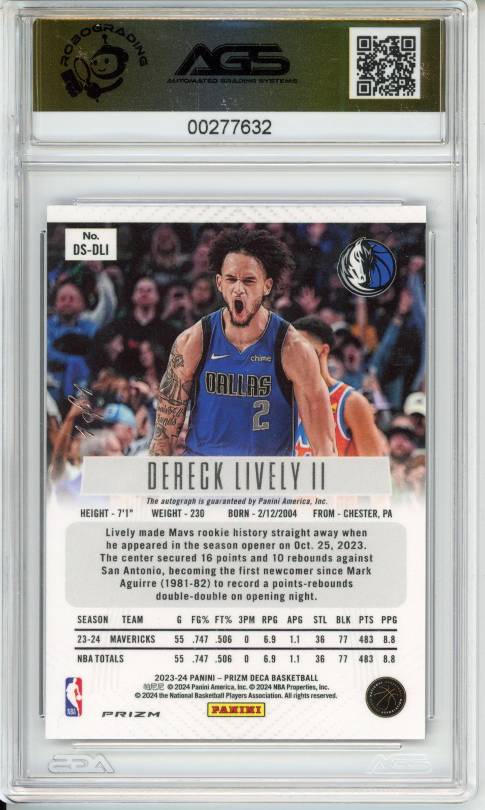 2023-24 PRIZM DECA DERECK LIVELY II #DS-DLI AGS 10 Auto /1 Black Rookie