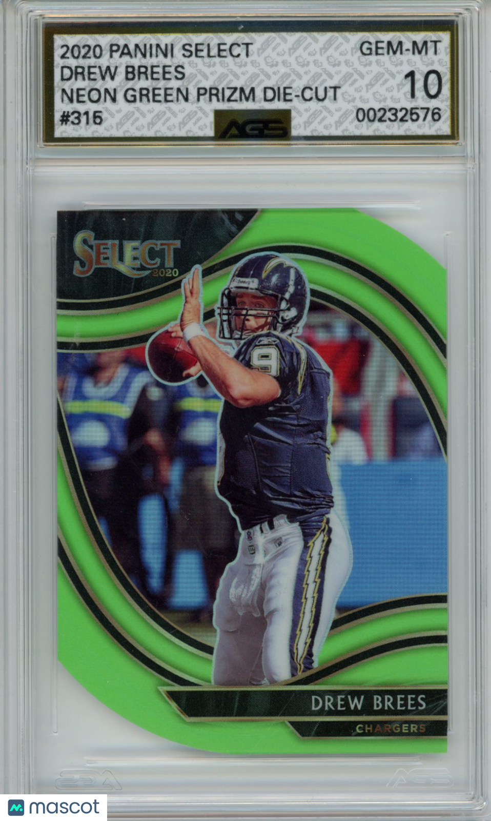 2021 Panini Select Drew Brees #315 Neon Green Prizm Die Cut AGS 10