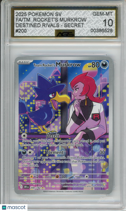 2025 Pokemon Destined Rivals Team Rocket's Murkrow #200 AGS 10