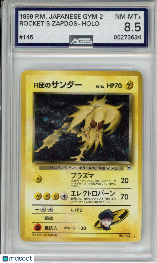 1999 Pokemon Gym Challenge Rocket's Zapdos #145 holo AGS 8.5