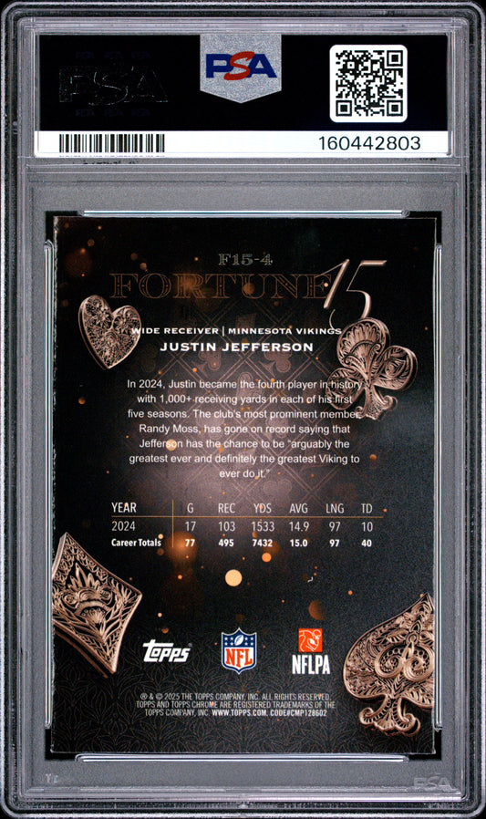 2025 Topps Chrome Football Justin Jefferson #F15-4 Chrome Fortune 15 English PSA 8
