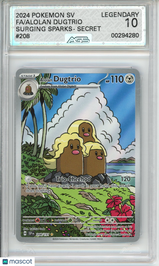 2024 Pokemon Surging Sparks Alolan Dugtrio #208 LEGENDARY AGS 10