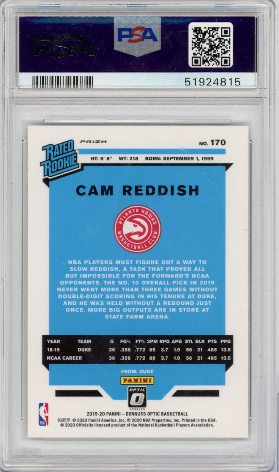 2019 Panini Donruss Optic Basketball Cam Reddish #170 Red Wave English PSA 9