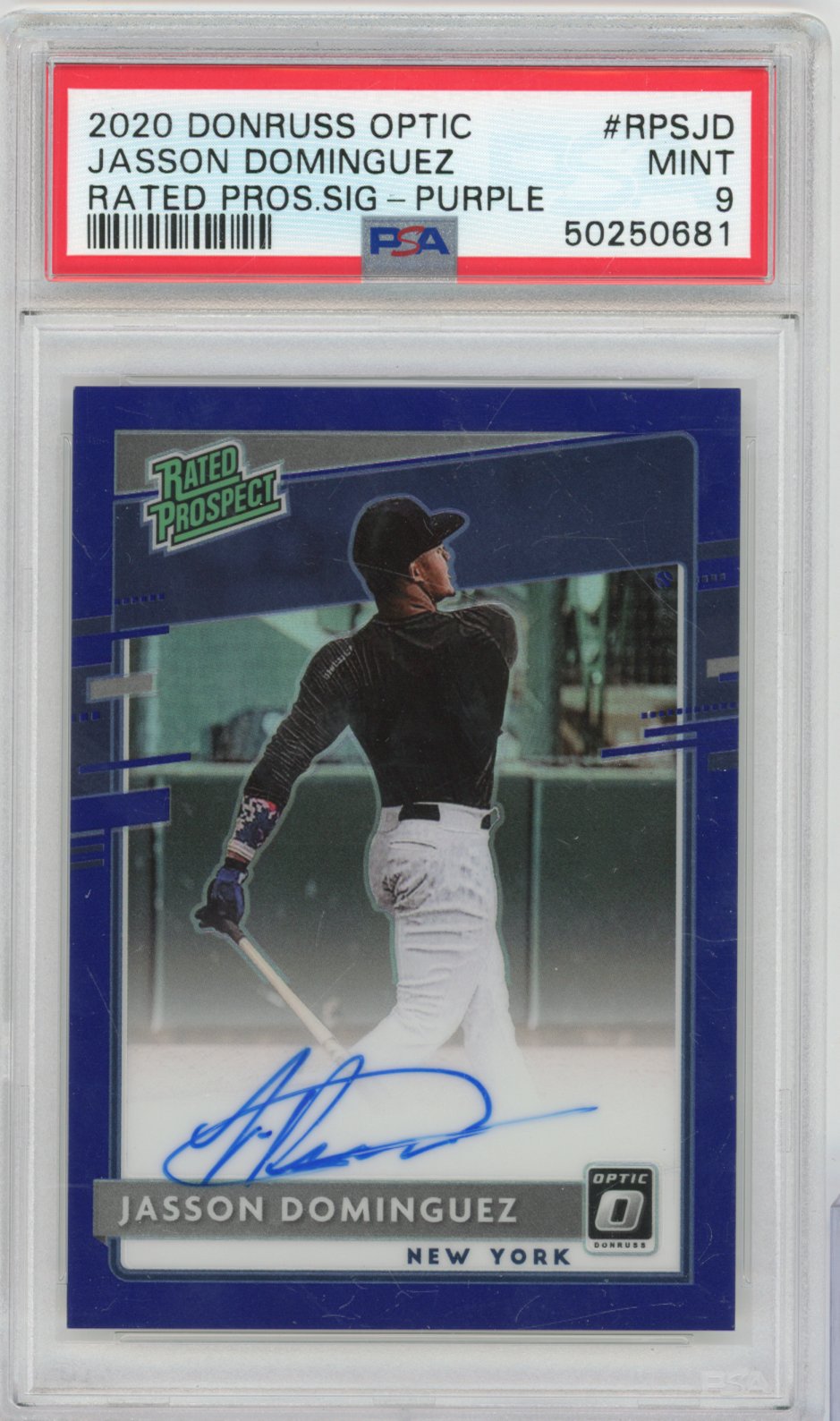 2020 Panini Donruss Optic Rated Prospects Jasson Dominguez Signature-Purple RPSJD English PSA 9