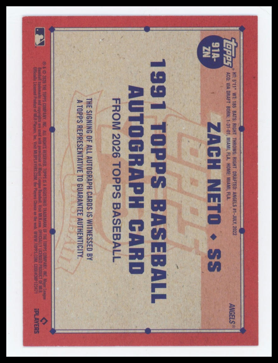 2026 Topps Zach Neto 1991 Topps Baseball 35th Anniversary Autog Blue /150