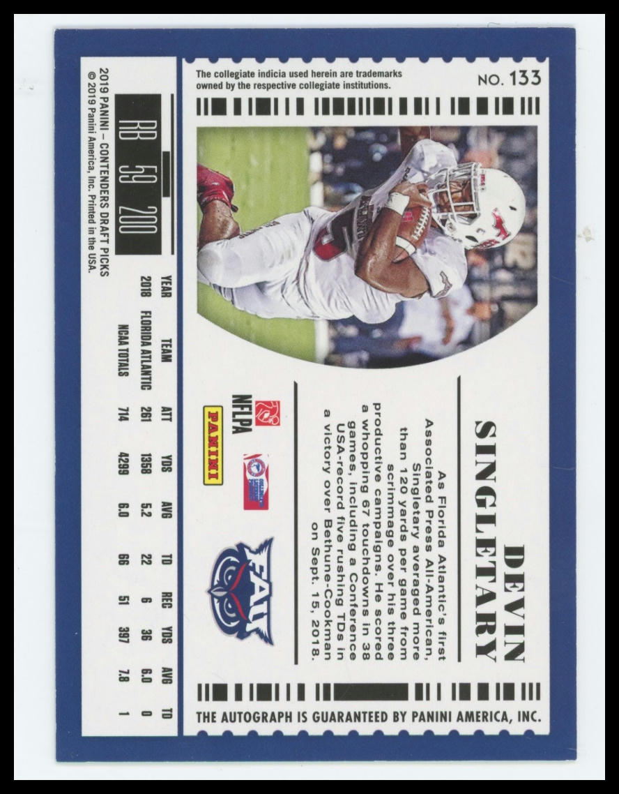 2019 Panini Contenders Draft Picks Devin Singletary