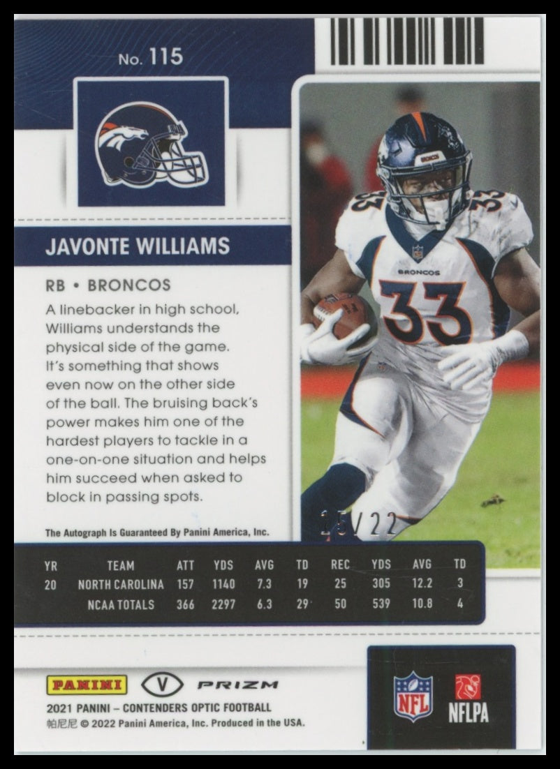 2021 Panini Contenders Optic Javonte Williams Cracked Ice #/22