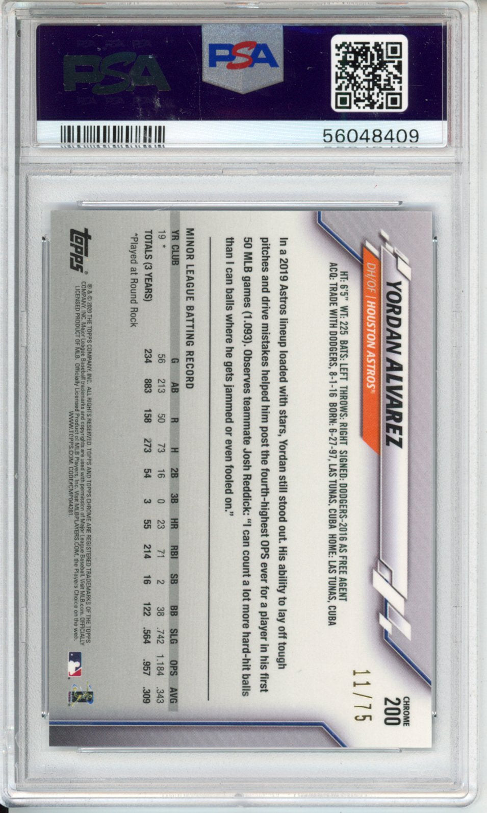 2020 Ben Baller Chrome Yordan Alvarez #200 Blue Refractor PSA 10