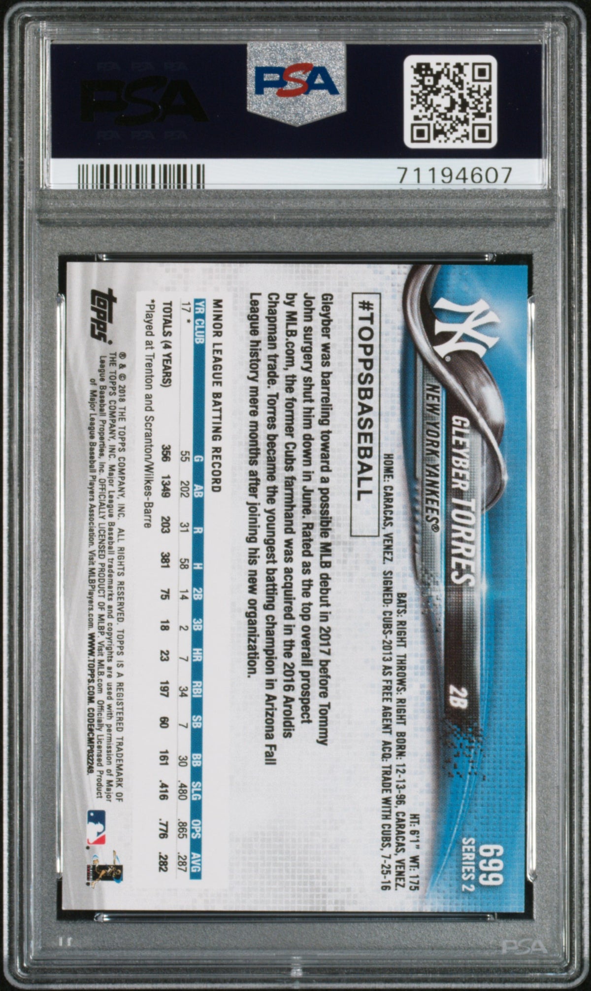 2018 Topps Baseball Gleyber Torres #699 Base English PSA 9