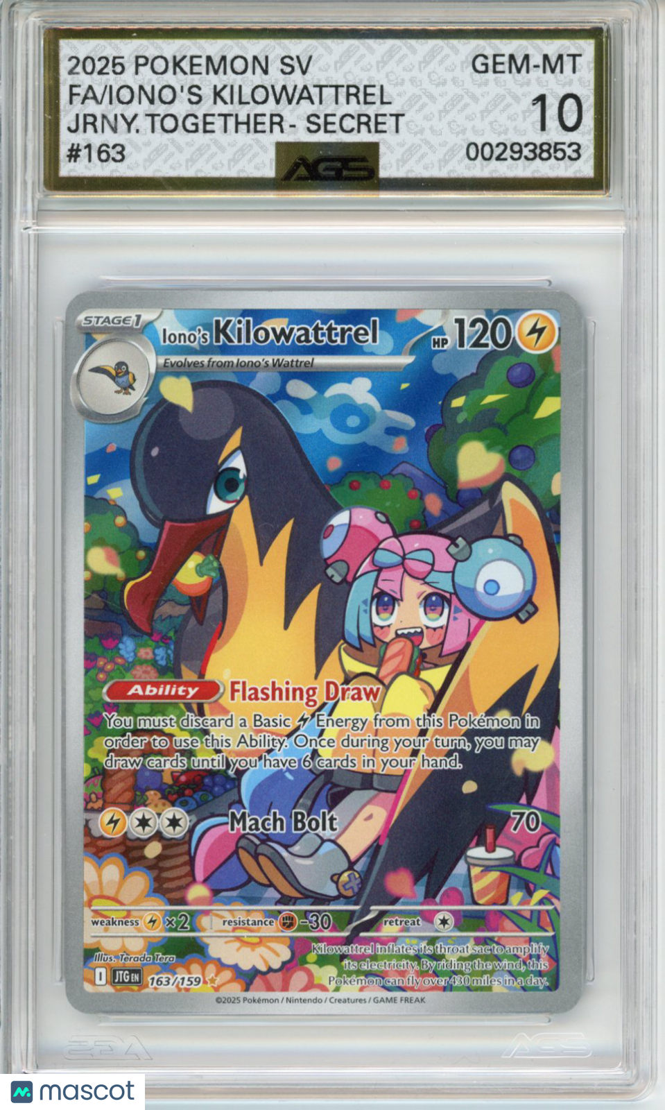 2025 Pokemon JOURNEY TOGETHER Iono's Kilowattrel #163 AGS 10