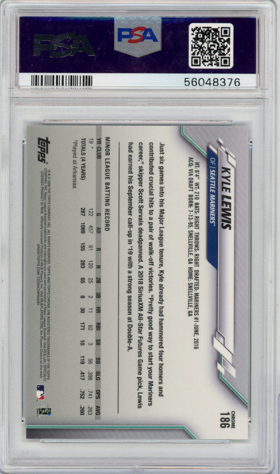 2020 Topps Chrome Baseball Kyle Lewis #186 English PSA 10