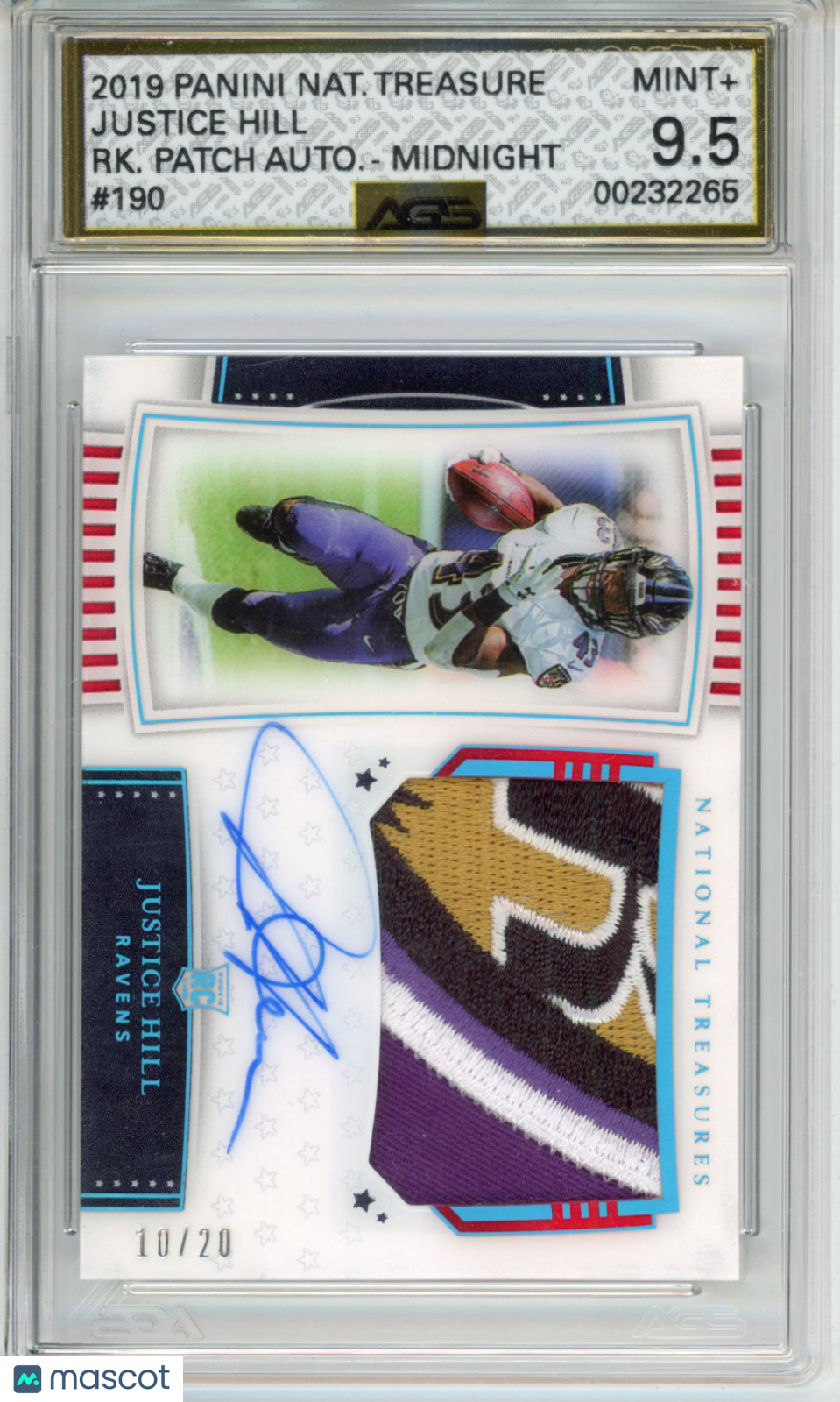2020 Football 2019 Panini National Treasures Justice Hill #190 /20 AGS 9.5
