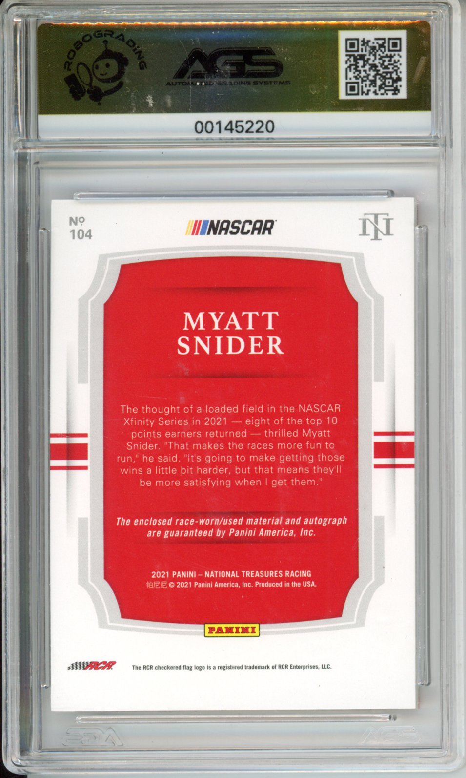Racing 2021 PANINI NATIONAL TREASURE MYATT SNIDER #104 patch auto AGS 9.5