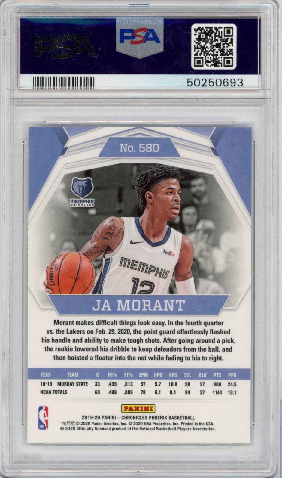 2019 Panini Chronicles Basketball Ja Morant #580 Pink English PSA 10
