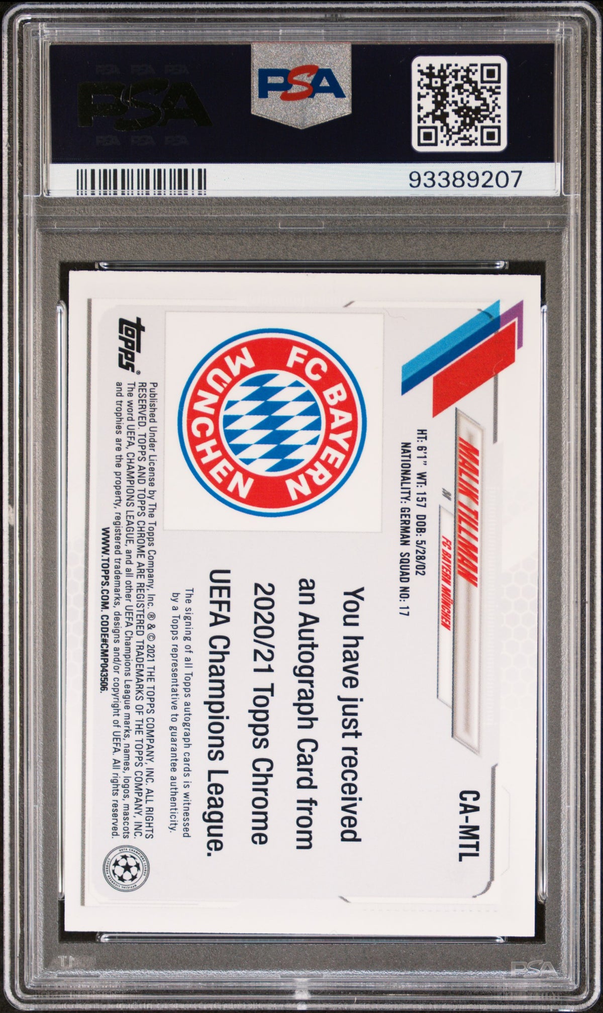 2020 Topps Chrome UEFA Champions League Soccer Malik Tillman #CA-MTL Chrome UEFA Champions League Autographs English PSA 8