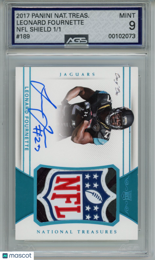 2018 National Treasures Leonard Fournette #189 NFL Shield Rookie Auto AGS 9
