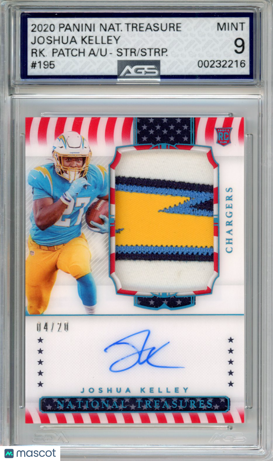 2021 Football 2020 Panini National Treasures Joshua Kelley #195 /20 AGS 9