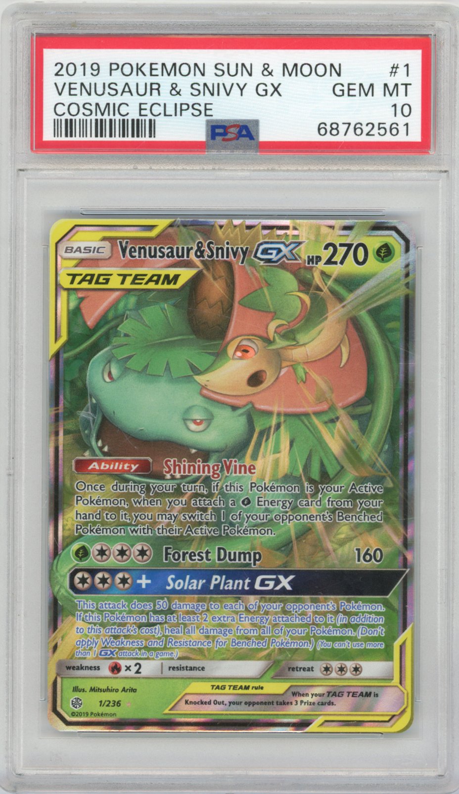 2019 SM - Cosmic Eclipse VENUSAUR & SNIVY GX #1 COSMIC ECLIPSE English PSA 10