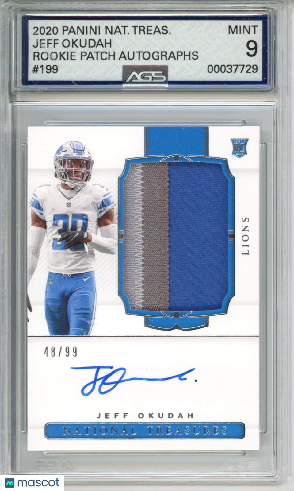 2020 Panini National Treasures Jeff Okudah #199 RPA /99 AGS 9