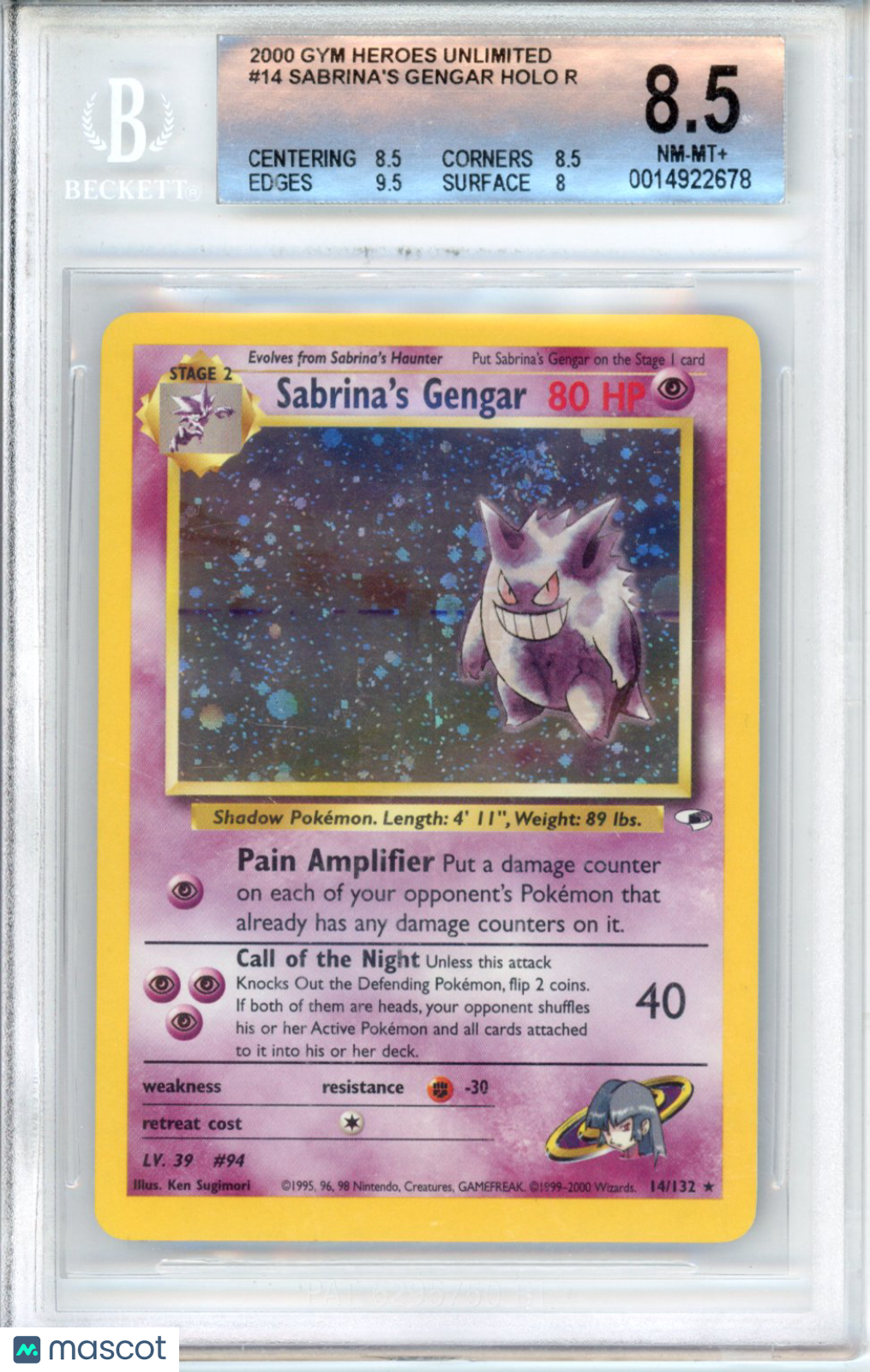 2000 Pokemon Gym Heroes Unlimited Sabrina's Gengar HOLO R #14 BGS 8.5