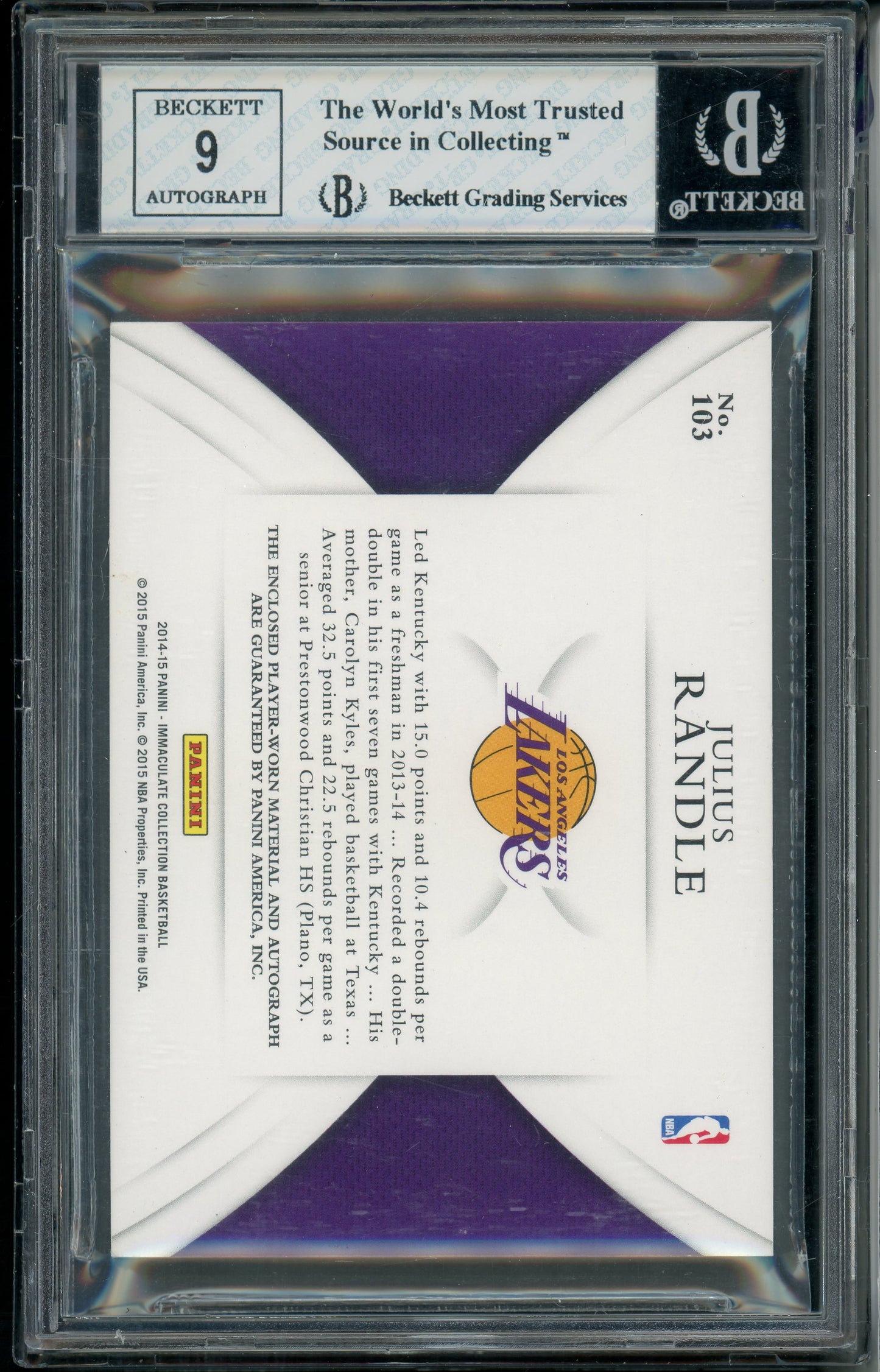 2014-15 Immaculate Collection Julius Randle Rookie Logoman Auto RC RPA BGS 8