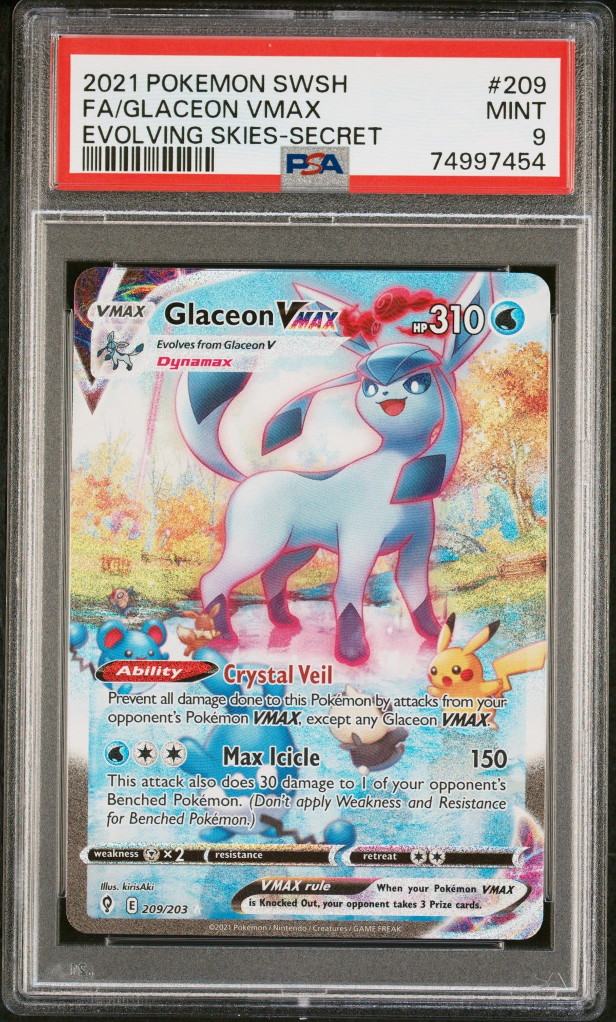2021 SWSH07: Evolving Skies Glaceon #209 Full Art English PSA 9