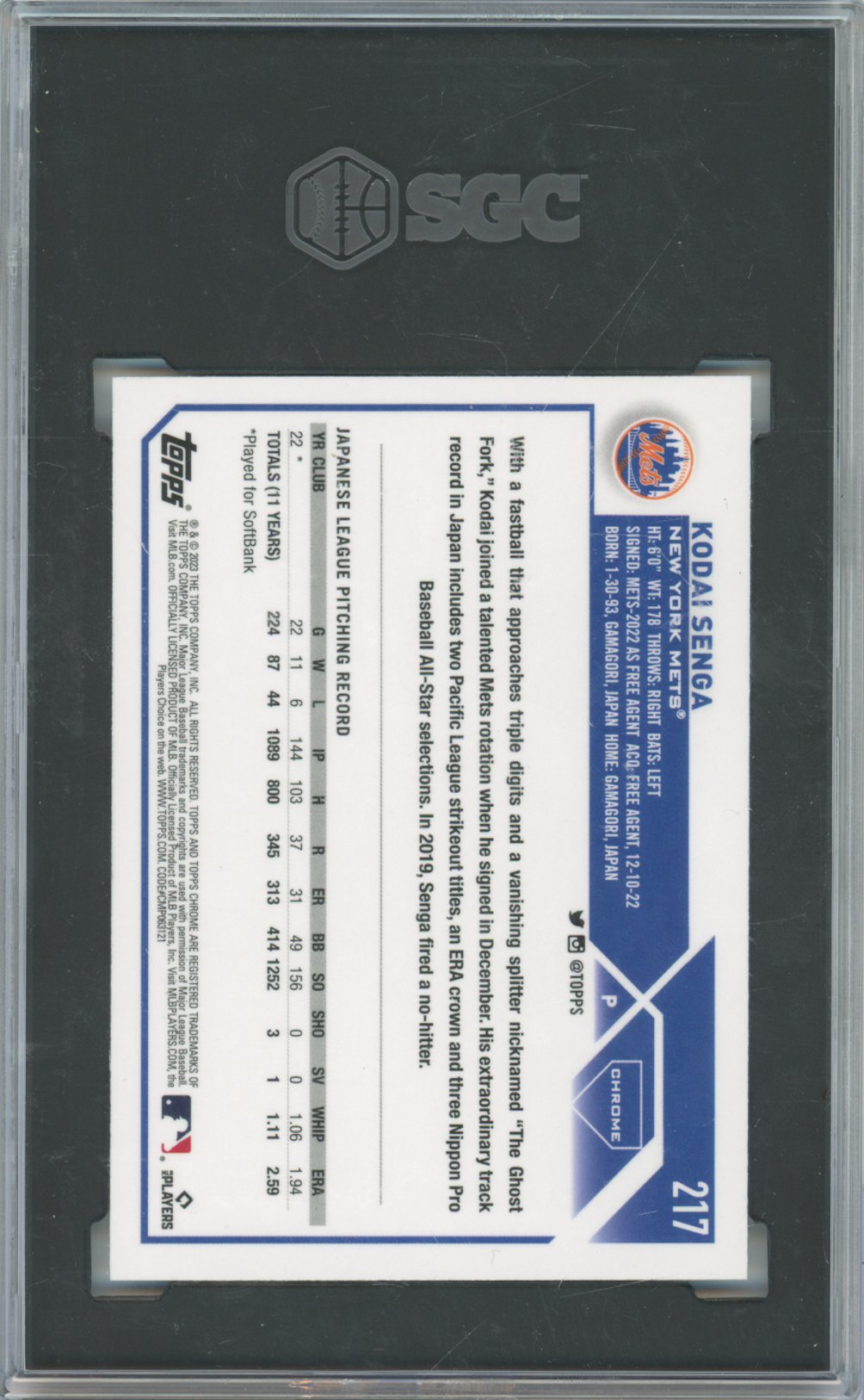 2023 Topps Chrome Baseball Kodai Senga #217 Refractor English SGC 10