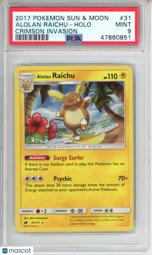 2017 Pokemon Sun & Moon Crimson Invasion Alolan Raichu #31 PSA 9