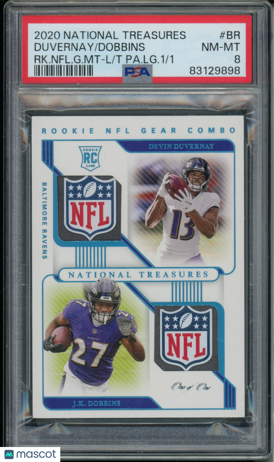 2020 National Treasures Dobbins Duvernay Rookie NFL Laundry Shield PSA 8 RPA 1/1