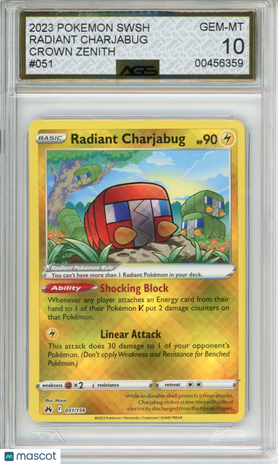 2023 Pokemon Crown Zenith Radiant Charjabug #051 AGS 10