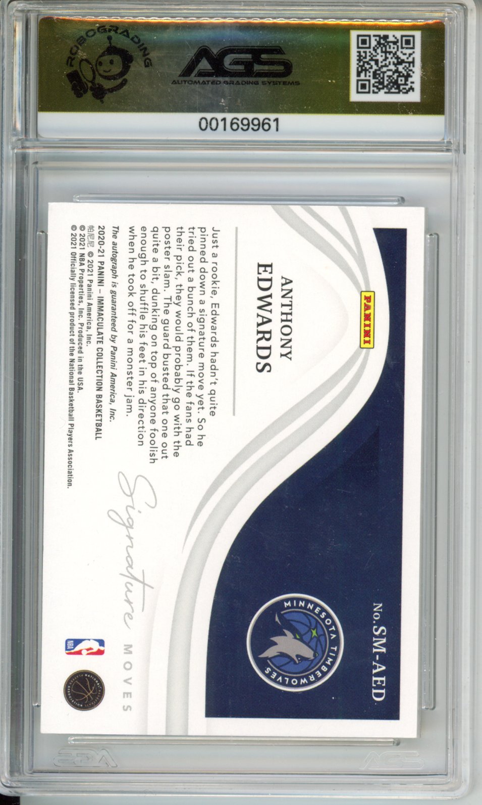 2021 Basketball 2020-21 Panini Immaculate Collection Anthony Edwards #SM-AED Signature Moves AGS 9.5