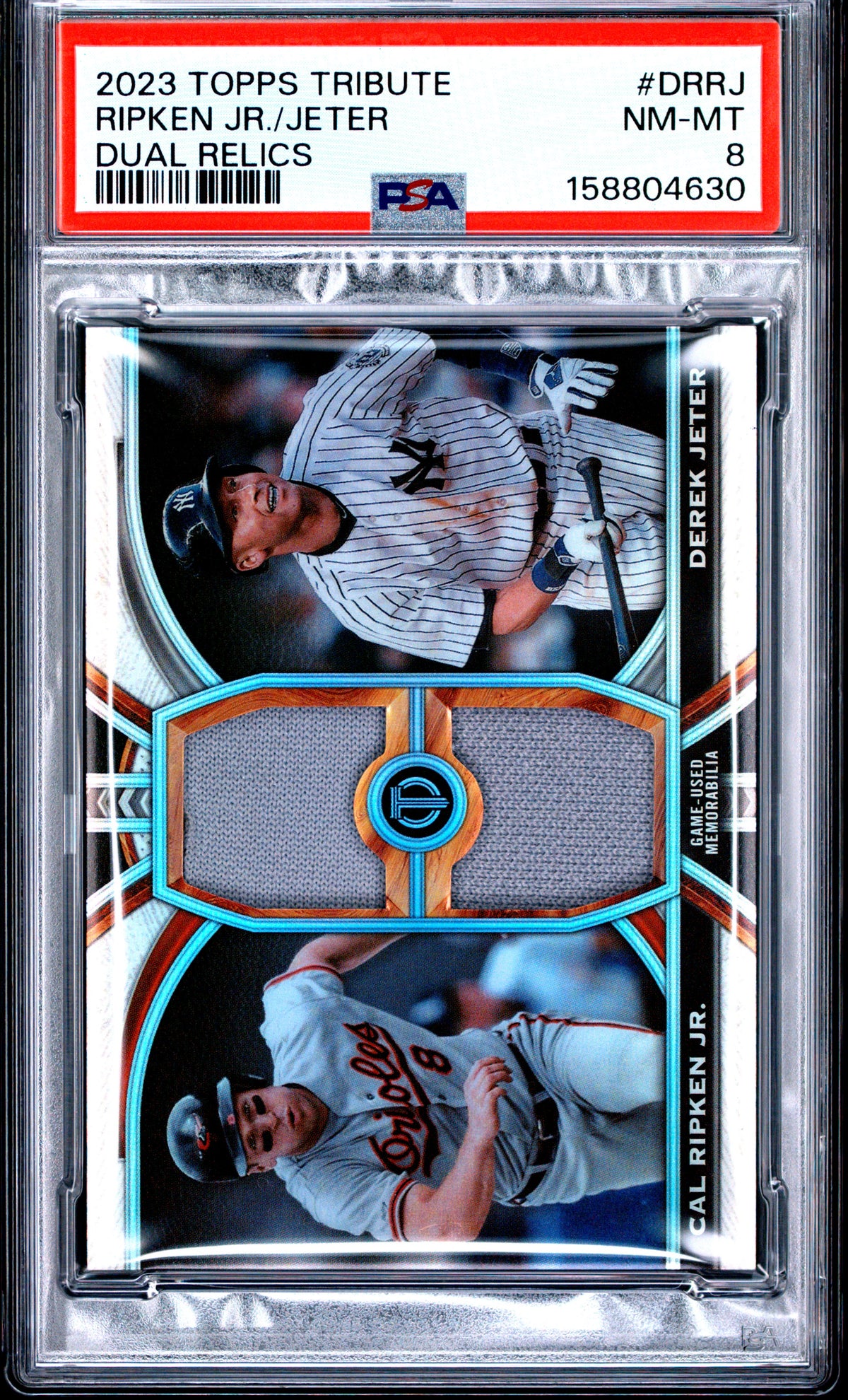 2023 Topps Tribute Tribute Dual Relics Dual Player Cal Ripken Jr./Derek Jeter DRRJ English PSA 8