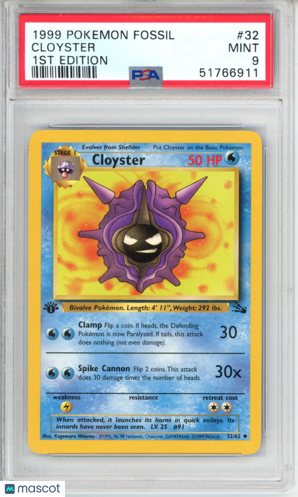 1999 Pokemon Fossil Cloyster #32 1ST Edition PSA 9