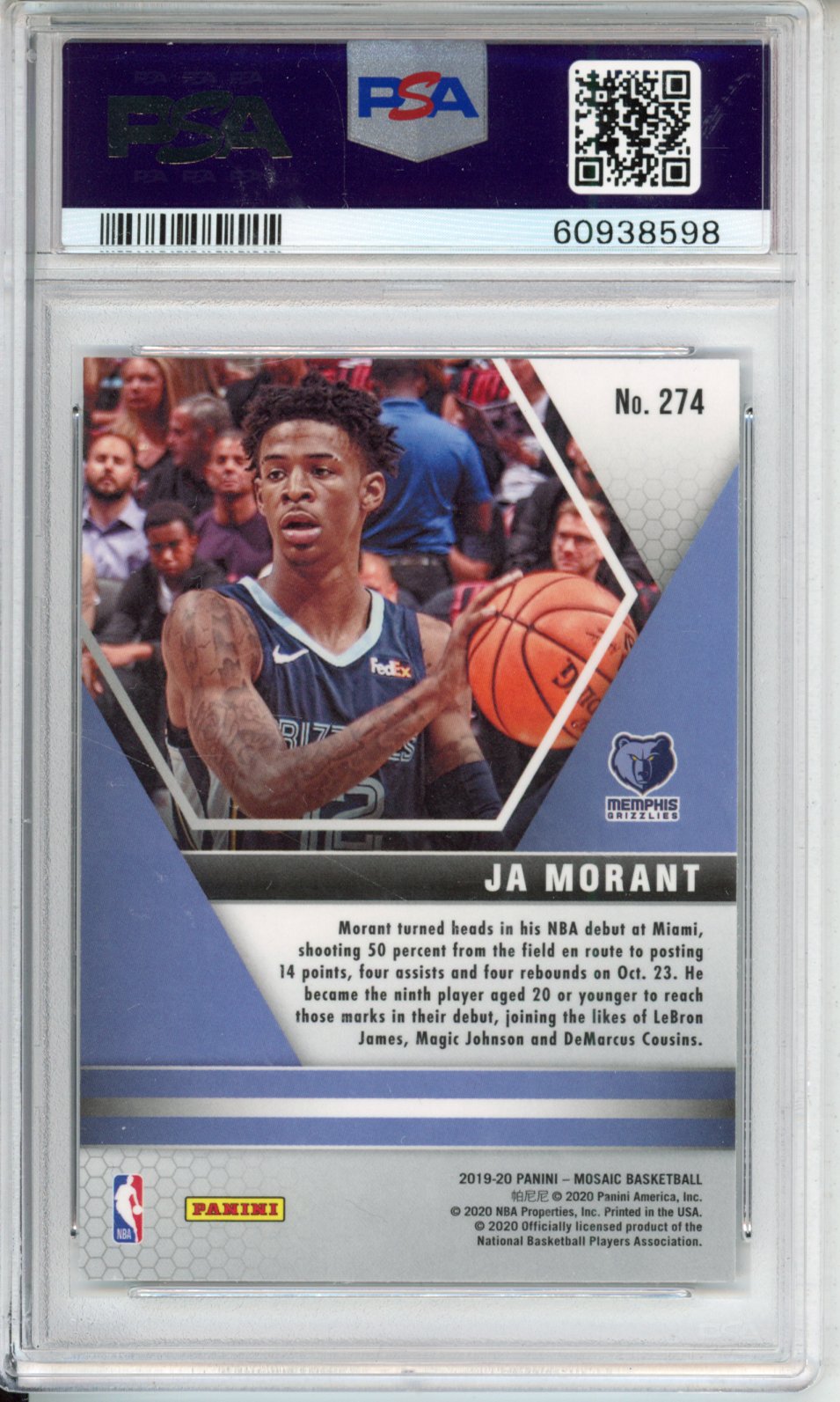 2019 Ja Morant Panini Mosaic NBA Debut Basketball Black #274 Mosaic Black PSA 10