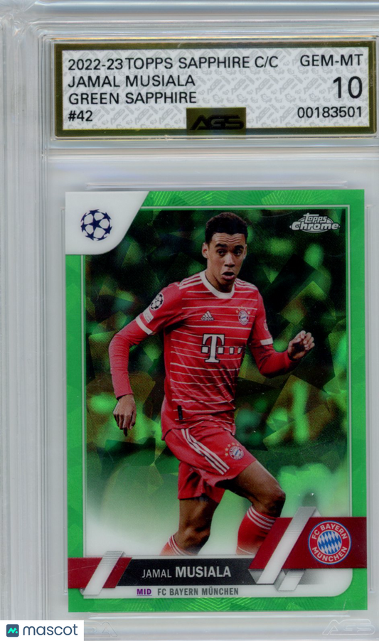 2022-23 TOPPS CHROME SAPPHIRE JAMAL MUSIALA #042 GREEN SAPPHIRE AGS 10