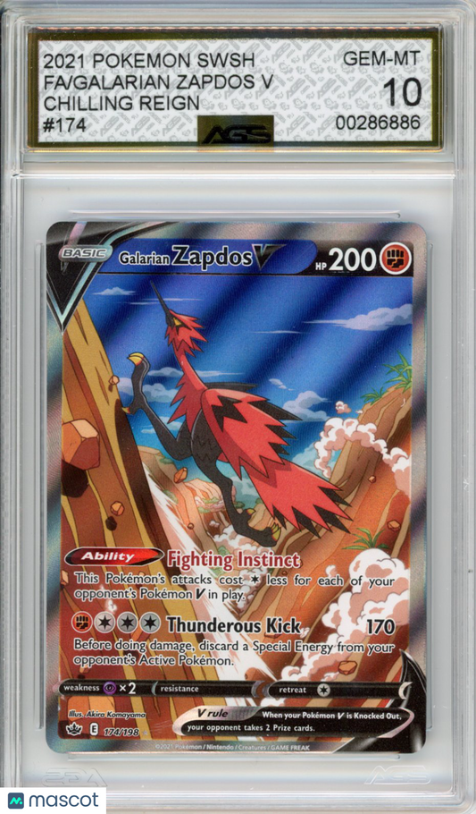 2021 Pokemon Chilling Reign Galarian Zapdos V #174/198 AGS 10