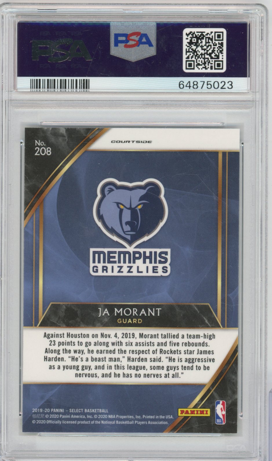 2019 Panini Panini Panini Panini Ja Morant Panini Select Courtside Basketball #208 Ja Morant Select Courtside English PSA 10