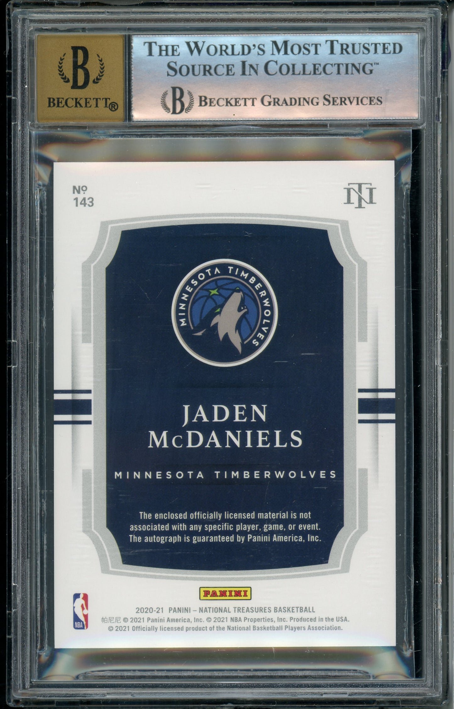 2020-21 National Treasures Jaden McDaniels #143 Rookie Patch Auto /99 BGS 9