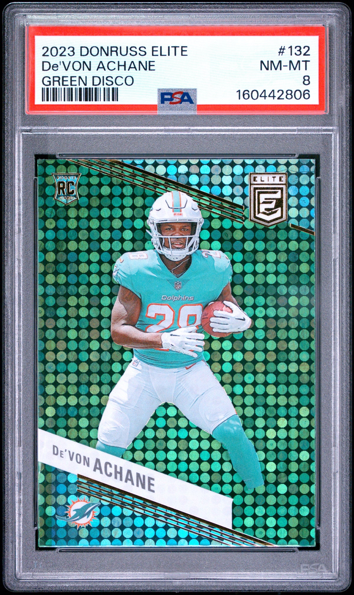 2023 Panini Donruss Elite Football De'Von Achane #132 Green Disco English PSA 8