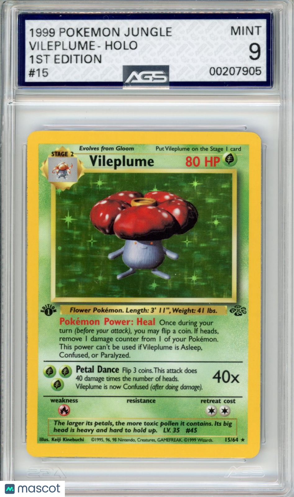 1999 Pokemon Jungle Vileplume #015 1st Edition AGS 9