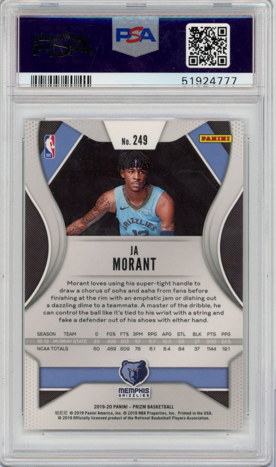 2019 Panini Prizm Basketball Ja Morant #249 Ja Morant Prizm English PSA 9